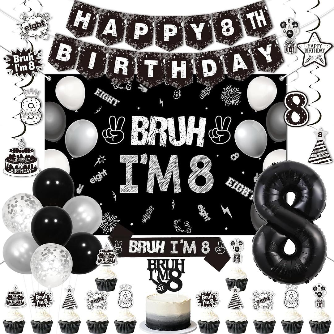 Bruh Im 8 Birthday Decorations Set Black and White Funny 8th Birthday Party Supplies for Boys | Includes Backdrop, Banner, Balloons, Cake and Cupcake Toppers, Hanging Swirls, Sash