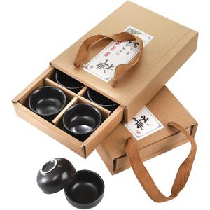 Foraineam 12 Pcs Ceramic Sake Tea Cups, 1.5 Ounces / 45 Ml Premium Black Pottery Asia Japanese Teacups Set, Kungfu Style Tea Accessories Handcraft Gift Box Pack