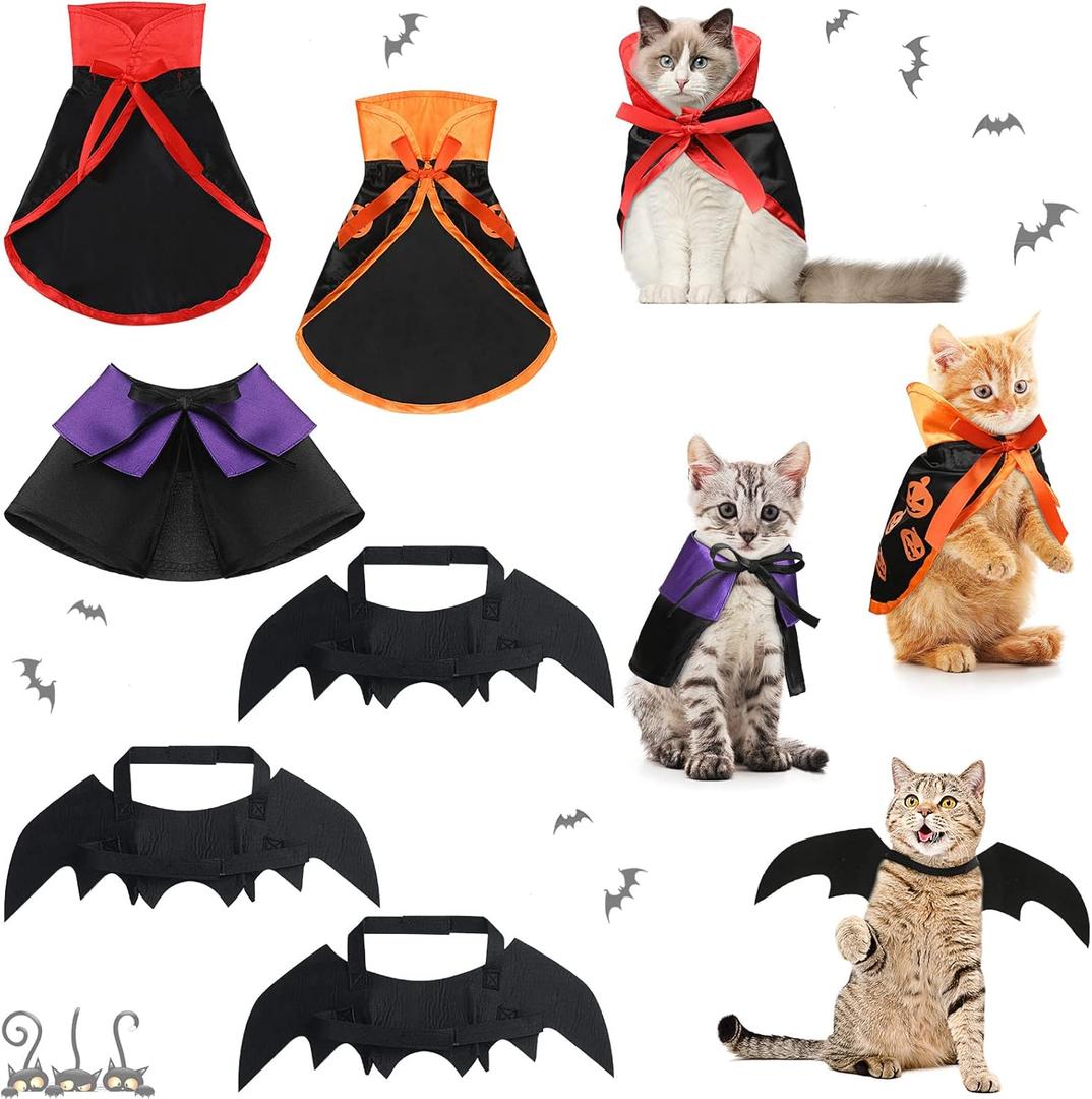 Reginary 6 Pcs Halloween Pet Cat Costume Set Includes 3 Cat Vampire Cloak Pumpkin Cape and 3 Bat Wings Halloween Witch Costume for Kitten Pet Dog Cosplay Halloween Party Decor