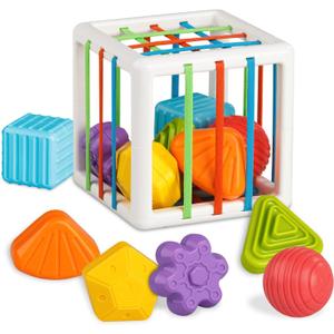 Aprilwolf Montessori Toys for 1 Year Old, Cube & 6 Sensory Shape Blocks, Baby Toys 12-18 Months, Developmental Infant Birthday Gifts for Learning Toddler Age 1 2 3, 4.9 Inch Shape Sorter Cube