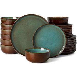 Famiware Milkyway 24-Piece Stoneware Dinnerware Set, Moss Green & Cocoa