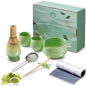 Japanese Style Ceramic Matcha Set - 9 Pcs Kit with 530ml Bowl, 2 Gold-Inlaid Cups, Bamboo Whisk/Scoop, Stainless Steel Sifter & Landscape Painting Towel - Gift for Tea Lovers (Green)