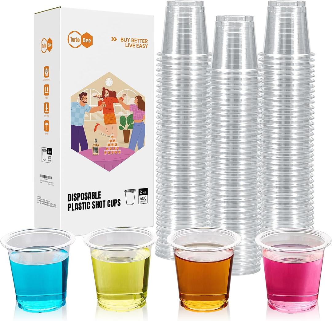 Turbo Bee 600 pack 2 OZ Disposable Plastic Shot Glasses, Mini Shot Cups for Party, Events, Whiskey and Wine Tasting