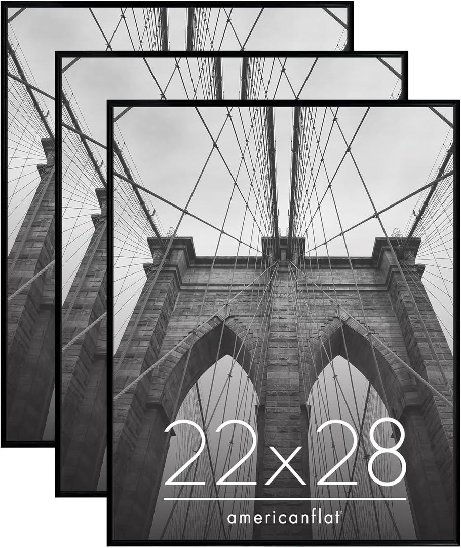 Americanflat 22x28 Poster Frame with Polished Front Cover - Set of 3 - Slide-In Photo Frame with Buildable Molding - Fusion Collection - Picture Frames for Wall Display - Black