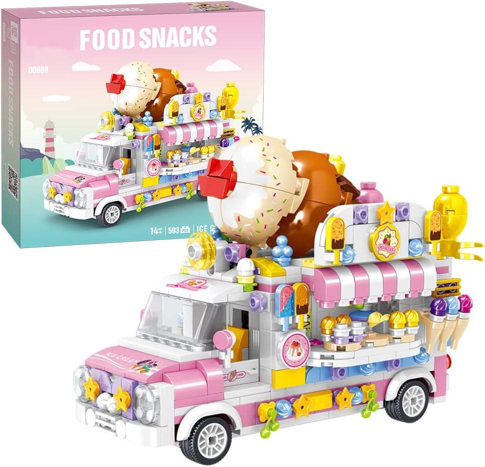 Uvini Building Blocks Car Model, Street View Series Mini Blocks Ice Cream Truck Car Building Set, Best Gift for Girls Collectible Model Cars Set to Bulild, STEM Toy for Children 12+ 593pcs