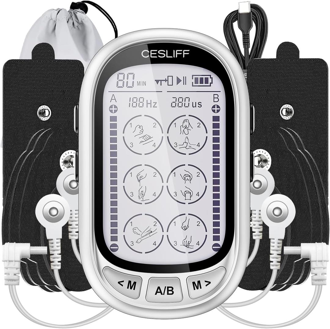 Dual Channel TENS EMS Unit Large Screen 24 Modes 36 Levels Intensity Muscle Stimulator, Rechargeable Electric Pulse Massager TENS Machine for Lower Back Neck Shoulder Pain Relief with 10 Pads (Silver)