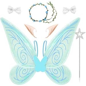 DTESL 7PCS Fairy Wings Dress Up, Sparkling Sheer Butterfly Halloween Costume Angel Wings for Kids Girls Women