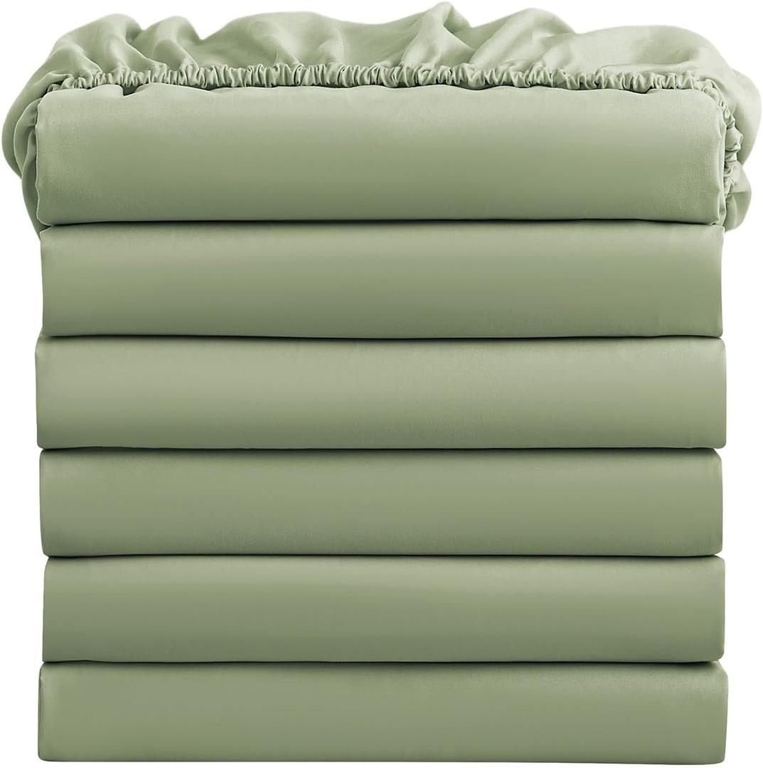 FreshCulture Full Fitted Sheets, Bulk Pack of 6, Deep Pocket, Soft Microfiber Bottom Sheets for Home, Salons, Hotels, Full Size Fitted Sheets Only (Sage Green)