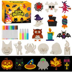Worgree Halloween Crafts for Kids, 36 Pcs DIY Wooden Magnets Art Craft Supplies Painting Kit for Boys Girls Ages 4-8 8-12 Halloween Party Favors Gifts Basket Treat Goodie Bag Stuffers Classroom Prizes