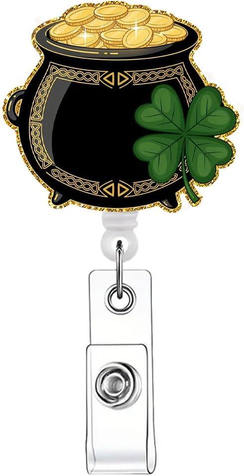 Coin Jar St Patrick's Day Badge Reel, Lucky Gift Sparkle Glitter Clover Shamrock Retractable Badge Holders for Office Worker Doctor Teacher School Nurses Students