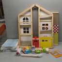PIDOKO KIDS Skylar Wooden Dollhouse - Includes 20 Pcs Furniture Accessories, 5 Family Dolls and a Pet Dog - Wood Doll House for 3 4-5 Year Old Girls & Boys