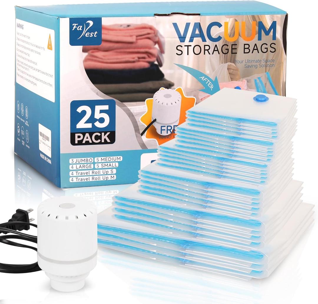 Vacuum Storage Bags with Electric Air Pump, 25 Pack Compression Bag, Space Saving Vacuum Sealer Bags for Clothes, Blanket, Duvets, Pillows, Comforters Travel, Two Compressing Ways