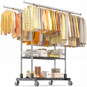 Luxspire Heavy Duty Clothes Rack Load 650 LBS, Double Rod Clothing Racks for Hanging Clothes, Rolling Garment Racks with Lockable Wheels, Shelves, Adjustable Laundry Hanging Rack, Silver