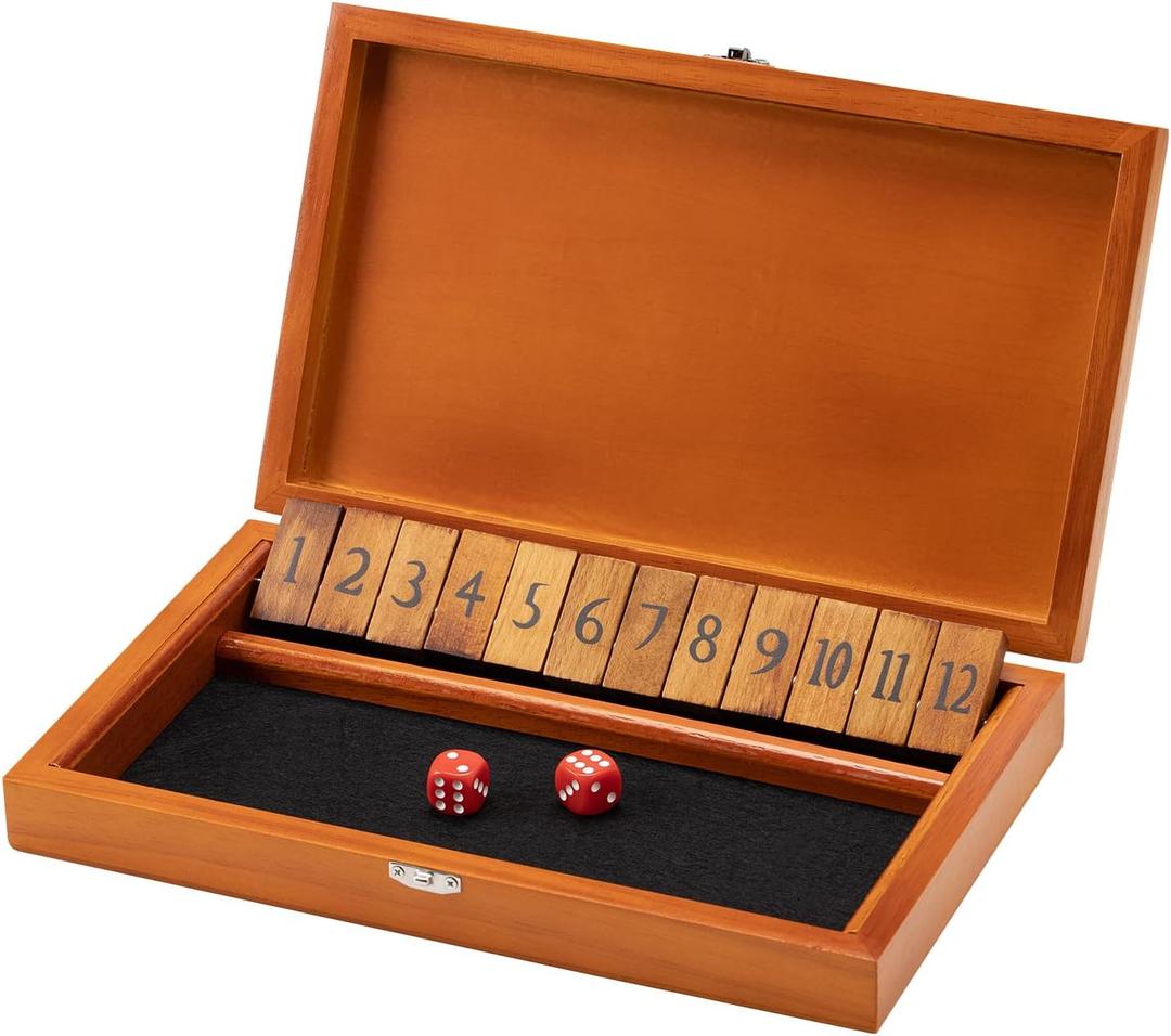 Crobyi Shut The Box Dice Game with 12 Numbers and Lid, Wooden Classic Board Game with 4 Dice, Gift Package & Game Rules, Close The Box Game for Kids, Adults, Family, Classroom, Home & Pub