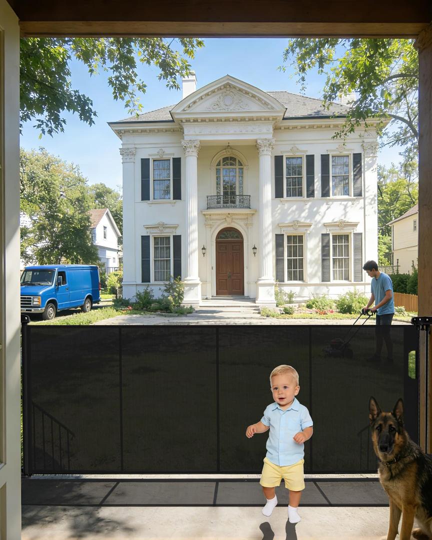 80" Wide Retractable Baby Gate for Stairs, 42" Extra Tall Retractable Dog Pet Gate with Support Rods, Mesh Screen Child Safety Gate for Doorways Hallways Deck Porch, Outdoor Indoor Use, Black