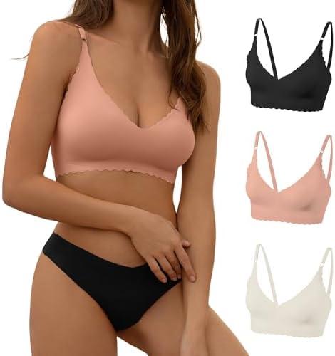 DEANGELMON V Neck Bra Padded Seamless Adjustable Straps Bralettes Everyday Basic Sleeping Bras Multiple Pack M