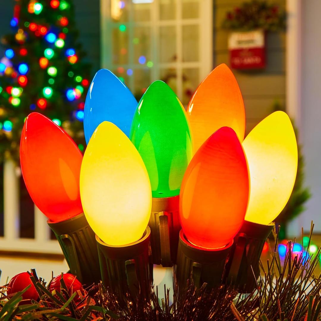 C9 Christmas Lights Outdoor Multicolor, 50 FT Vintage C9 Christmas String Lights for Christmas Holiday Indoor Room Roofline Backyard Garden Patio Home Xmas Decor, E17 Base, Green Wire