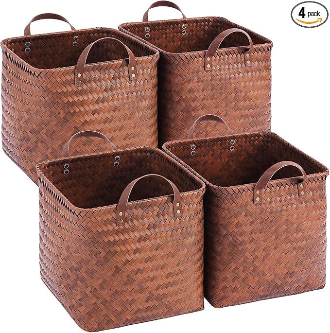 VZFXRD 13x13x13 Laundry Baskets Hampers, Wicker Storage Baskets for Shelves, Woven Basket for Blankets, Clothes, Organizer Storage Bins with Handles, Set of 4-Brown