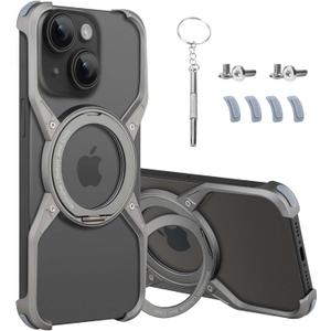 Frameless Phone Case Compatible with iPhone 13/14 / 15 Minimalist Phone Case Magnetic Kickstand Metal Frameless Protective Shock Case Titanium Color