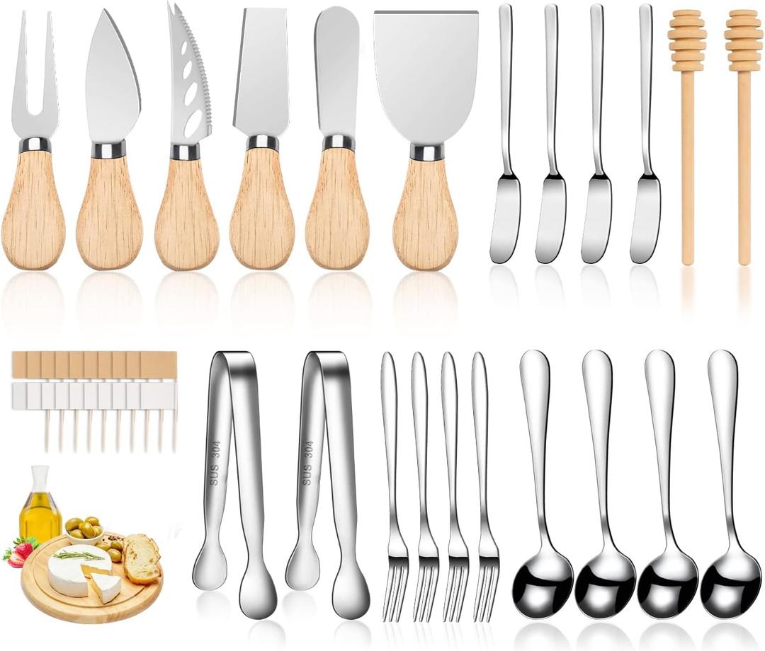 Charcuterie Board Accessories Wooden Cheese Spreader Knive Set, Wood Handle Butter knives For Cheese Kit, Mini Cheese Knife Slicer With Tongs, Spoons, Forks,Honey Dipper (23 Pack)