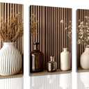 3 Pcs Framed Modern Minimalist Canvas Wall Art Flowers and Vase Paintings Pictures Brown Vertical Wood Grain Background Posters Prints Natural Wabi Sabi Wall Decor for Living Room Bedroom Decoration