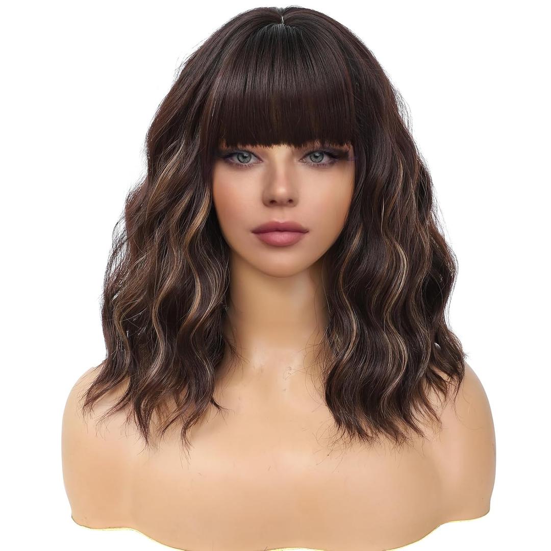 MINLEE Brown Highlight Wig with Bangs for Women 14 Inch Short Bob Wavy Curly Wig Brown Mix Blonde Hair Wigs Heat Resistant Synthetic Wigs
