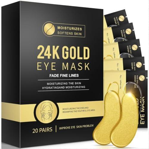 feisou Under Eye Patches, 20 Pairs 24K Gold Eye Patches For Puffy Eyes, Under eye Bags, Wrinkles, Nourish Skin, Eye Masks With Collagen, Hyaluronic Acid for Men & Women Gift (24K Gold)