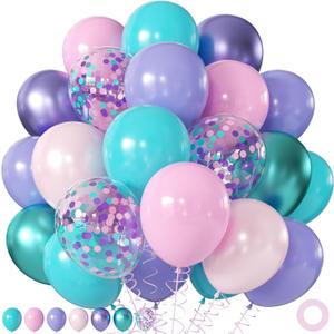 Mermaid Balloons, 60Pcs 12inch Metallic Purple Pink Blue Balloons with Confetti Balloons for Ocean Sea Themed Baby Shower Gender Reveal Birthday Party Decorations