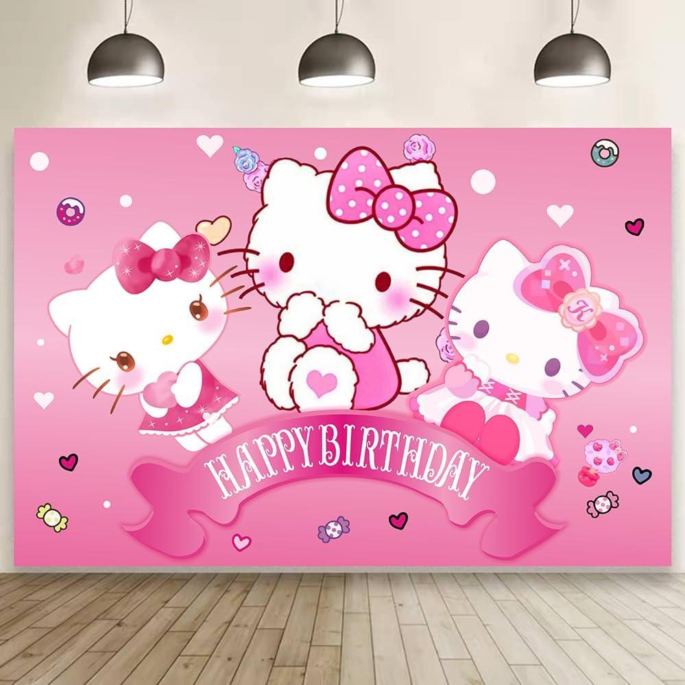 Kitty Birthday Decorations,Girls Princess Happy Birthday Banner Backdrop for Kids Birthday Party Supplies (5x3ft)