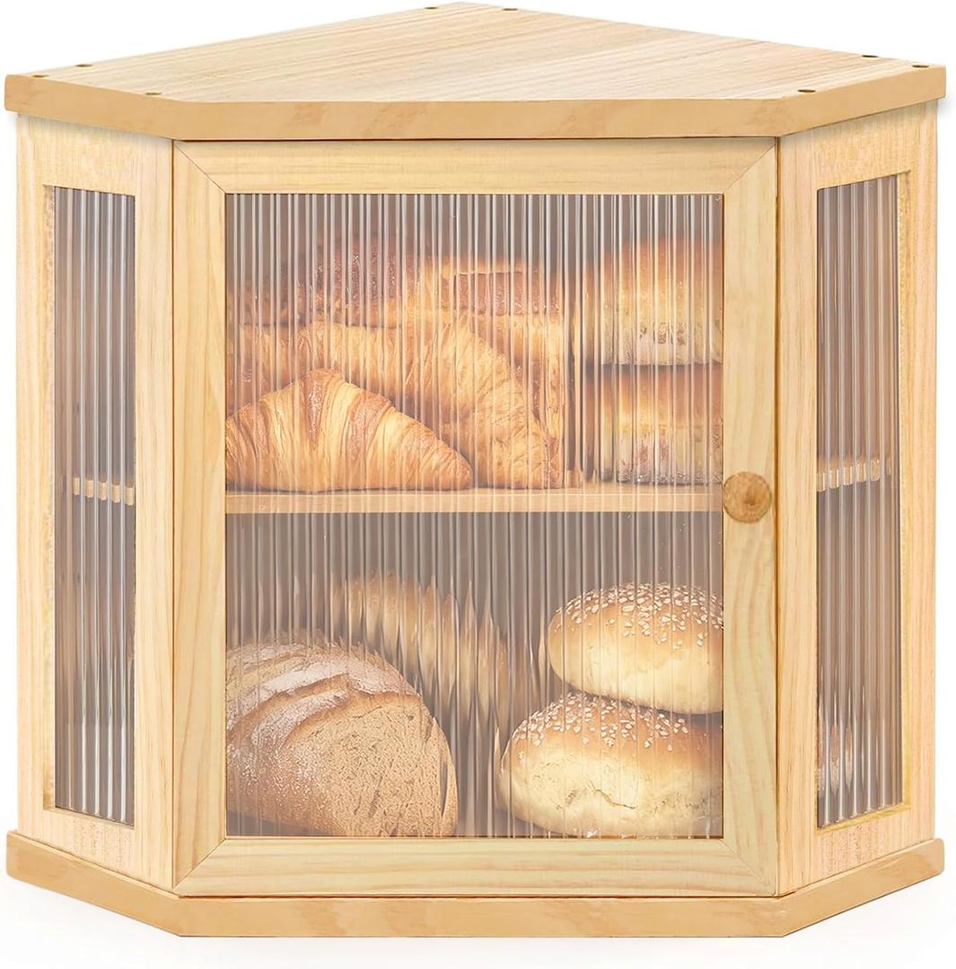 Nykgola Corner Bread Box for Kitchen Countertop Two-Tier Large Capacity Bread Boxes Storage Container with Adjustable Height Countertop Bread Storage Bin (Natural wood color)