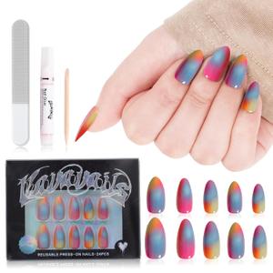 Rainbow Press on Nails for Women Almond, Reusable Fake Nails for Special Occasions, Party, Long Lasting, 24 Pcs Set with Glue and Gel, 12 Sizes Colorful