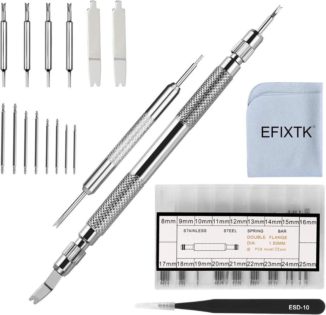 EFIXTK Spring Bar Tool Set with Extra 6 Tips Pins for Watch Wrist Bands Strap Removal Repair Fix Kit,72PCS Extra Watch Pins