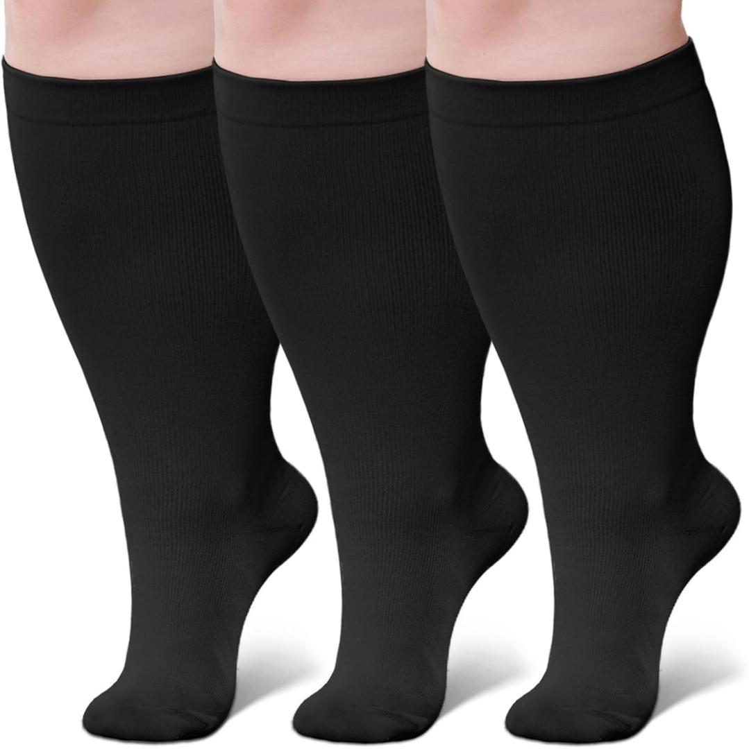 Wide Calf Compression Socks: Plus Size Compression Stockings for Men Women - Extra Large 20-30 mmHg Compression Hose Support for Travel Nurses Running Pregnancy 3 Pairs (2XL, Black)