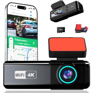 Dash Cam Front and Rear, 4K + 1080P Dual Dash Camera for Cars with Free 64GB Card, 5GHz WiFi, 360 Swivel Rear Camera, App Control, WDR, G-Sensor, Night Vision, Loop Recording, Parking Mode