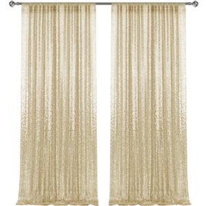 28FT-2PCS Champagne Gold Sequin Backdrop Curtains Panels, Photography Backdrop Glitter Curtains Fabric Background for Christmas Wedding Party Decor