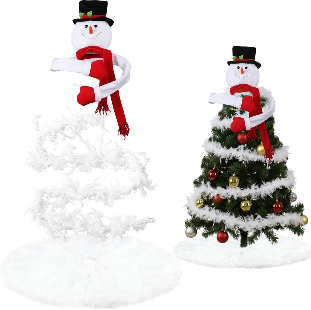 Hoolerry 3 Pcs Christmas Decoration Set Include Snowman Tree Topper White Christmas Tree Skirt and Feather Ribbon Garland Trim for Winter Wonderland Party Indoor and Outdoor Decorations