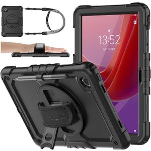 SEYMAC stock Tablet Case for Lenovo Tab M11 (TB-330FU/TB-330XU) 11 inch Drop-Proof Protection Cover with 360 Rotate Stand & Strap [Pen Holder] & Screen Protector/K11/Xiaoxin Pad 2024, Black