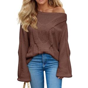 Saodimallsu Womens Off One Shoulder Sweaters Boat Neck Cable Knit Long Lantern Sleeve Loose Fall Trendy Pullover Tops, S, Coffee