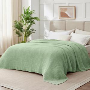 100% Cotton Muslin Blanket Queen 90" x 90", 6 Layers Breathable and Lightweight Cotton Throw Blanket for Bed, Soft Quilt Bedspread Coverlet, Gauze Blanket for Adults All Season, Sage Green
