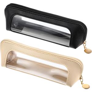 Kifmurase 2Pcs Clear Makeup Brush Bag, Leather Slim Makeup Case, Portable Transparent Waterproof Cosmetic Pouch with Zipper, Double Sided Clear Bag for Women Travel Storage (White, Black)