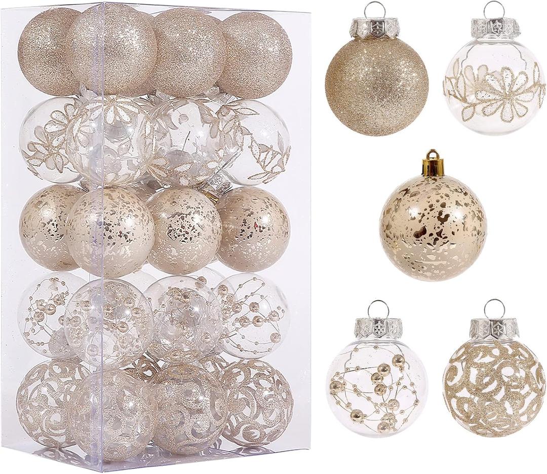 60mm/2.36inch Clear Christmas Ornaments Set, 30ct Champagne Christmas Ornaments Balls for Christmas Tree Decorations Shatterproof Transparent Baubles with Stuffed Decoration for Xmas Wedding Party