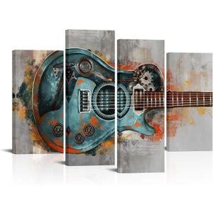 LoveHouse Music Pictures Artwork Blue Guitar Painting Canvas Prints Musical Posters Jazz Art Decor for Home Stuido (12"x24"x2pcs+12"x32"x2pcs)
