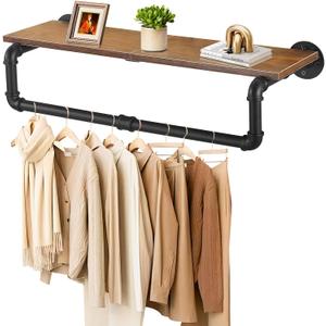 Industrial Pipe Clothing Rack with Top Shelf, Closet Poles for Hanging Clothes, Heavy Duty Iron Garment Racks Wall Mounted, 27.6x10.2x5.9 Inch, Black