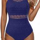 Holipick Crochet Tummy Control One Piece Swimsuit Modest Bathing Suit High Neck Full Coverage Swimwear (Large, Navy Blue)