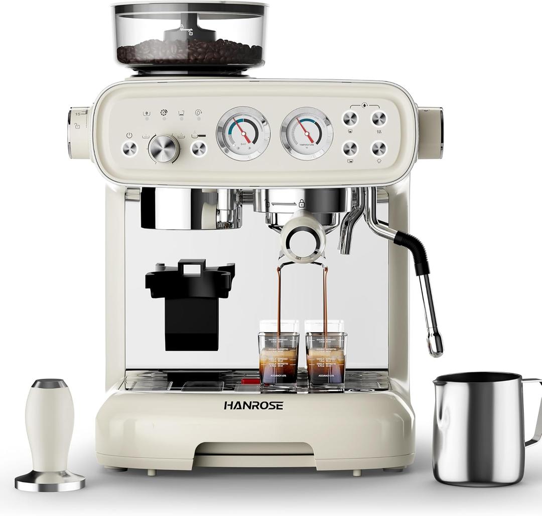 Espresso Machine with Grinder and Milk Frother, 20 Bar ULKA Pump
Fully Removable Burr Assembly, Adjustable Dosing & Independent Hot Water for Latte, Cappuccino & Americano at Home or Office