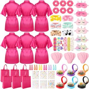 60 PCS Spa Party Favors for Girls Sleepover Party Supplies Robes Spa Headband Slippers Nail Files Hair Comb for Girl (10, Rose Red)