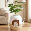 ZOMISIA Hidden Cat Litter Box with Faux Plant, Odor Control Litter Box Enclosure Furniture with Artificial Planter and Scoop, Easy to Assemble and Clean, White & Khaki
