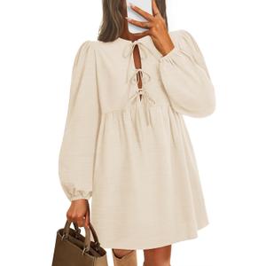 ZESICA Women's Dress Fall Long Puff Sleeve Self Tie Front Babydoll A Line Pleated Cute Mini Tunic Dresses 2026 (Beige, S)