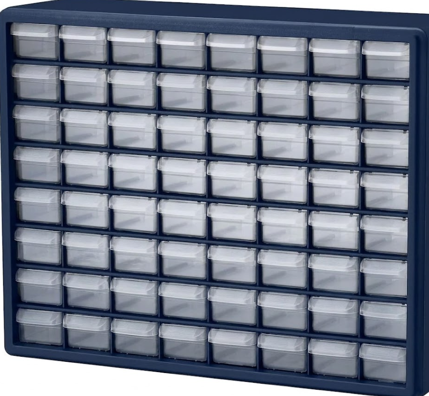 Plastic Storage Drawers – 60 Compartment Organizer – Desktop or Wall Mount Container for Hardware, Parts, Crafts, Beads, or Tools by Stalwart, Navy Blue