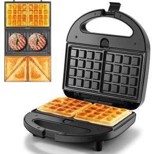 OSTBA 3-in-1 Sandwich Maker with Removable Plates, Panini Press, Waffle Maker, Non-Stick, 750W Compact Breakfast Grill for Sandwiches, Waffles, Steak, Black